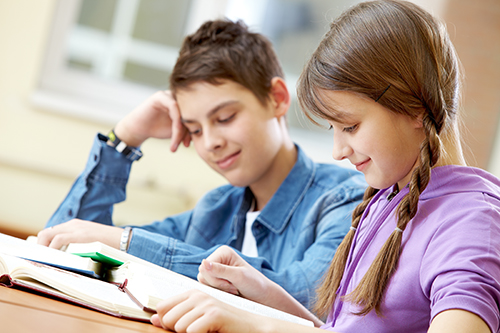 Portrait of teenage girl reading book with her classmate at background